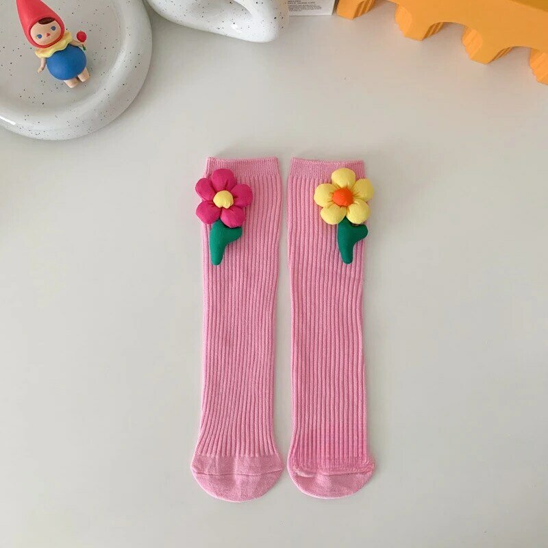 Детские носки с цветами, модные весенне-осенние носки средней длины для девочек, милые носки с трехмерными цветами для девочек