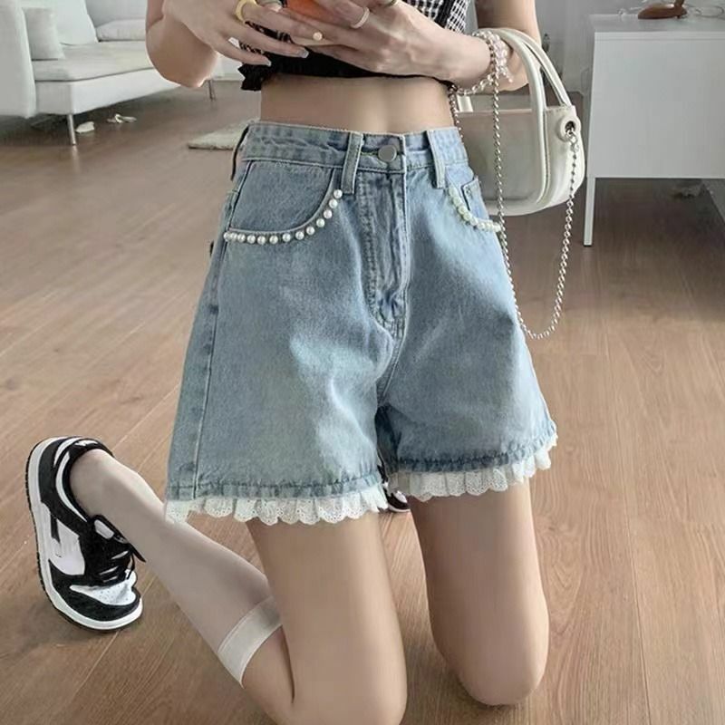 Spice Girls Denim Shorts Ladies Summer 2024 New Lace Studded Beaded High Waisted Wide Leg A-line Shorts Female Hot Summer Pants
