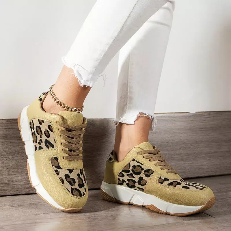 Calçado leopardo casual feminino, tênis de plataforma feminina, top baixo, tênis com renda, moda primavera, 2022