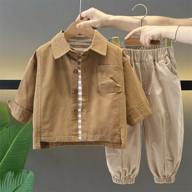 Conjunto de camisa casual coreana infantil, top e calça infantil para meninos e bebês, novo, primavera e outono, 2 peças
