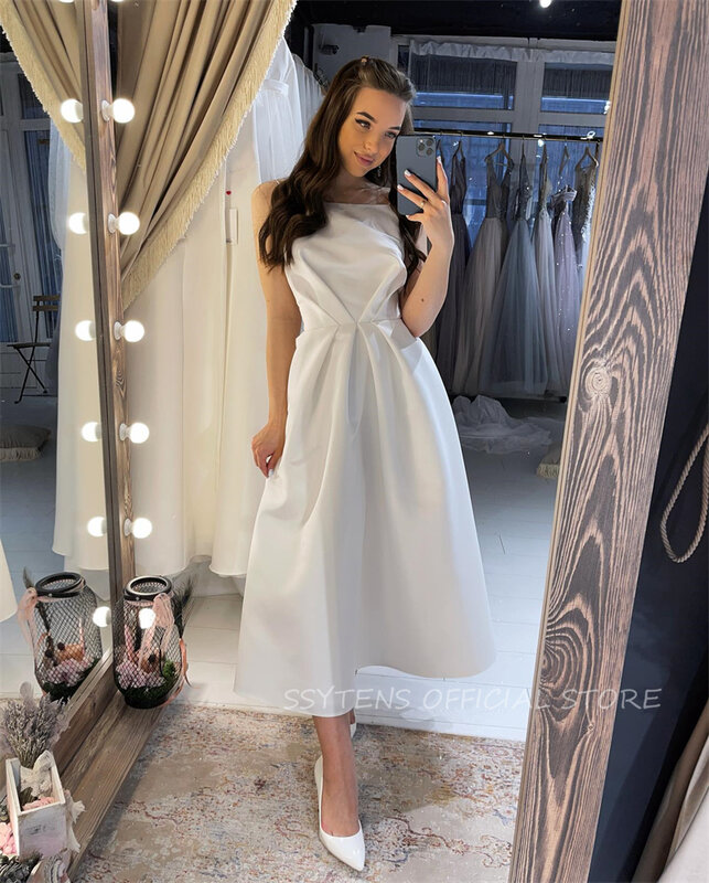 Proste suknie ślubne A-Line paski spaghetti księżniczka suknia dla panny młodej plażowe suknie ślubne ukończenie szkoły do kostek Robe De Mari