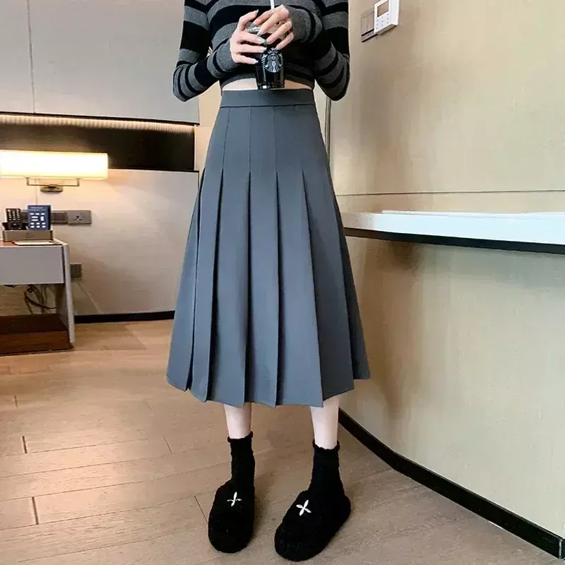 Autumn and Winter Solid Color Korean Fashion Pleated Skirts Women's High Waist Mid Length A-line Skirt Preppy Style