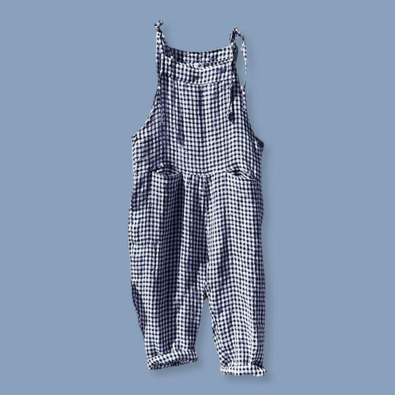 Loose Fit Jumpsuit Plaid Print Deep Crotch Backless Jumpsuit with Pockets Casual Stylish Women's Daily Wear Lady Casual Jumpsuit