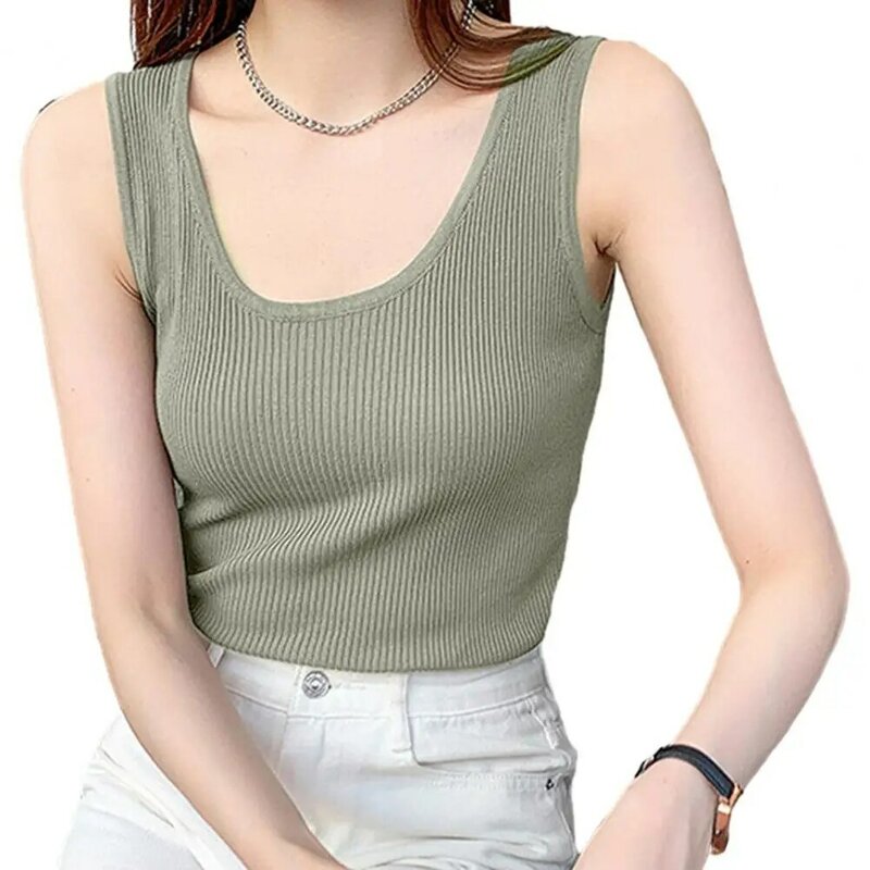 Women Tank Top Sleeveless Scoop Neck Ribbed Breathable Slim Fit Solid Color Summer Ladies Basic Casual Undershirt Daily Wear
