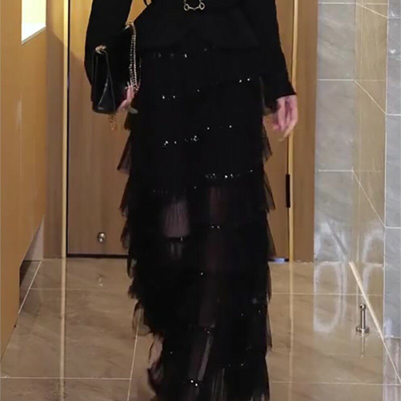 Zwarte Pailletten Mesh Rok Dames Nieuwe Hoge Taille Afslankende Elastische Mode Zwaar Werk Jurk