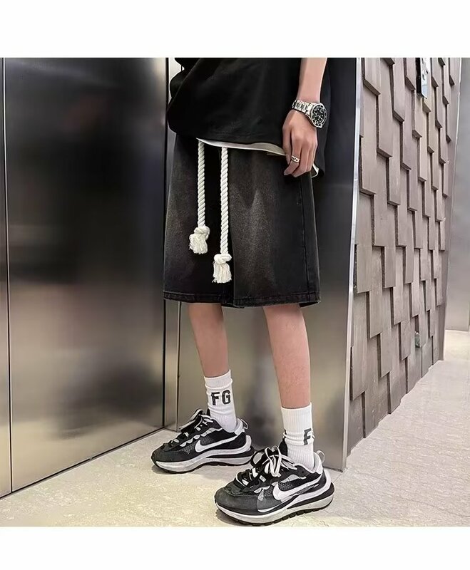 Men's Wide Leg Denim Shorts 2024 Korean Summer New Fashion Loose Casual Elastic Waist Work Shorts Men's Brand Clothing y2k jeans