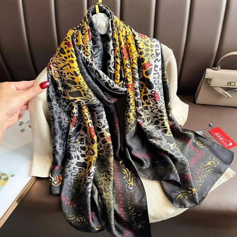 Модная шаль с принтом 180x90 см, популярный дизайн, шелковый шарф с атласной отделкой, всесезонный теплый хиджаб, женские роскошные фирменные шарфы
