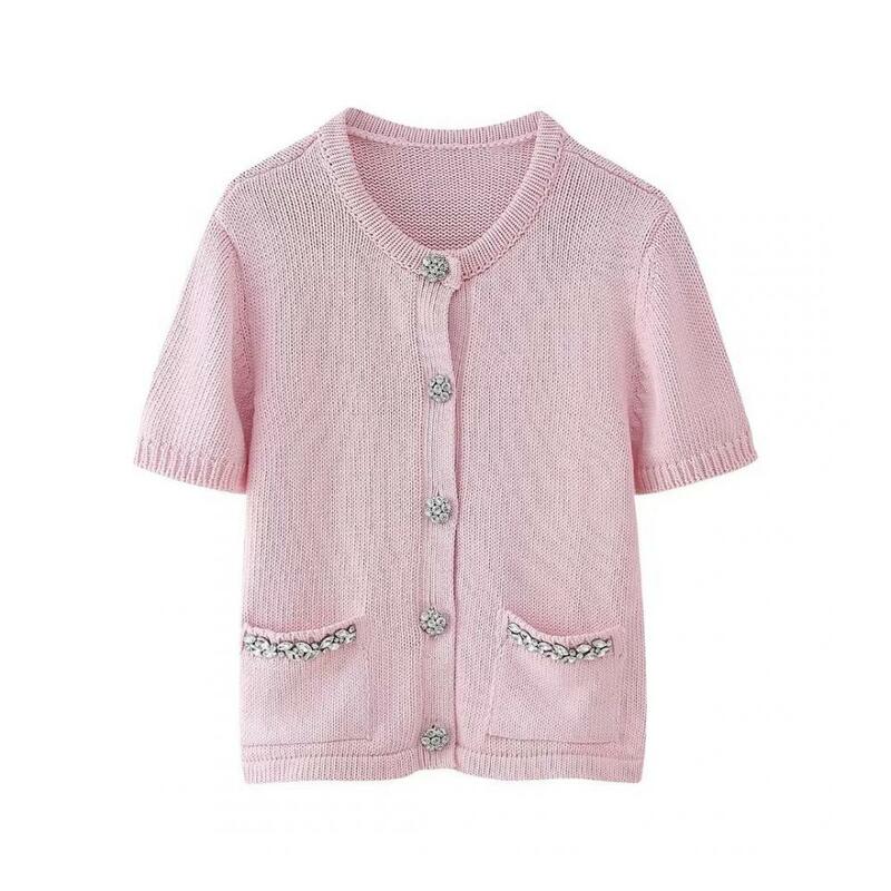 Sweet Pink Crewneck Cardigan Sweater Casual Single Breasted Sweater Short Sleeves Sweaters with Fake Diamond for Daily Wear