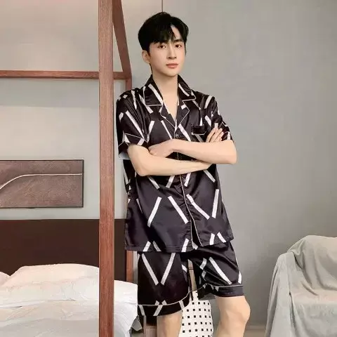 Conjunto de pijama de seda grande masculino, pijama masculino, manga curta, casual, confortável, roupa de dormir, lazer, 90kg, verão