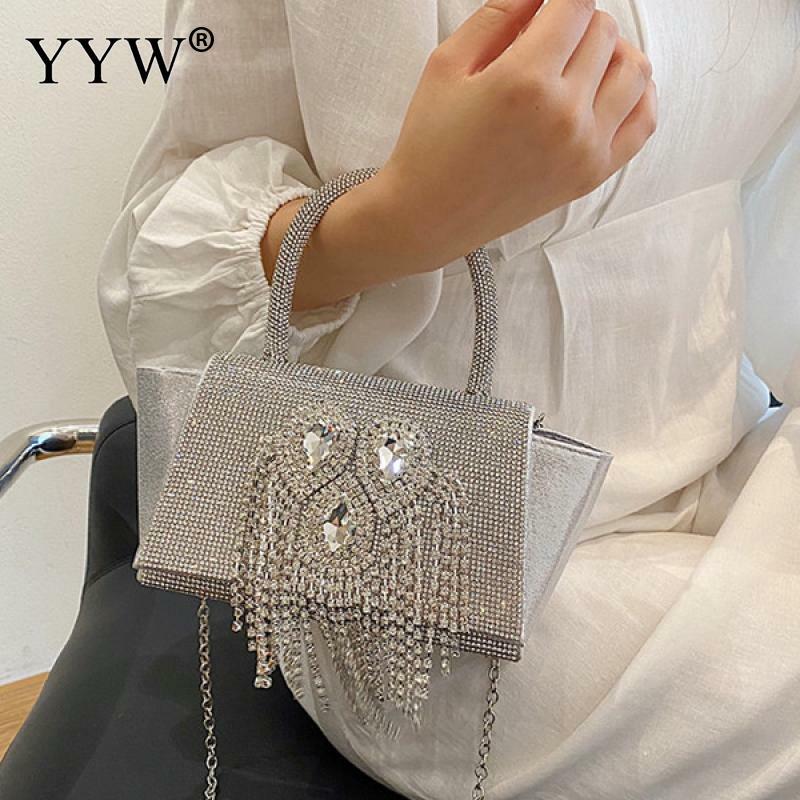 2023 Women'S Crystal Evening Bag Luxury Rhinestone Tassel Handbags Wedding Clutch Bag Banquet Party Purse Chain Shoulder Bag