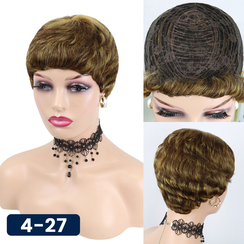 Peruka z krótkich prostych włosów z Bangs fryzura Pixie brazylijski Remy ludzki włos peruki pełna Manchine tanie peruka dla kobiet Bangs Natural Color
