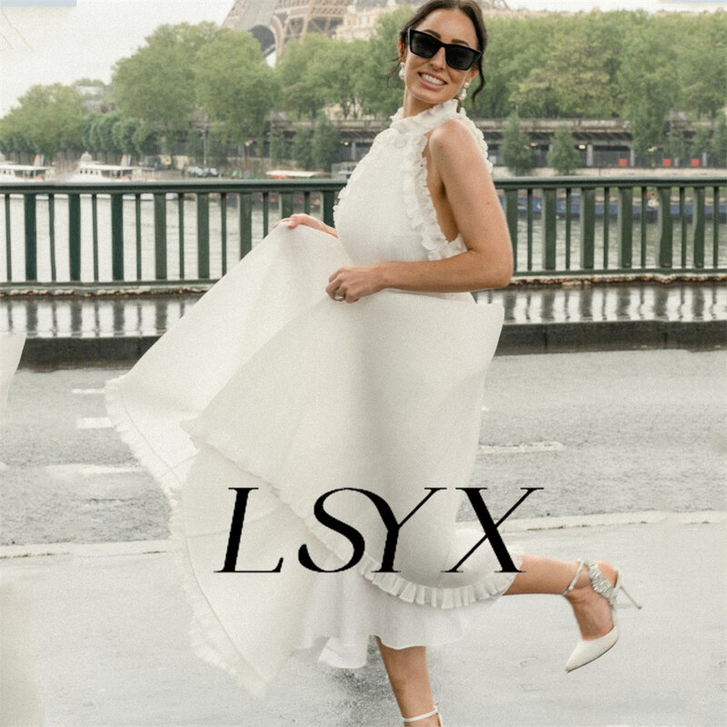Lsyx-ハイカラーのオーガンザウェディングドレス,ノースリーブのブライダルガウン,Aライン,ジッパーバック,足首の長さ,カスタムメイド