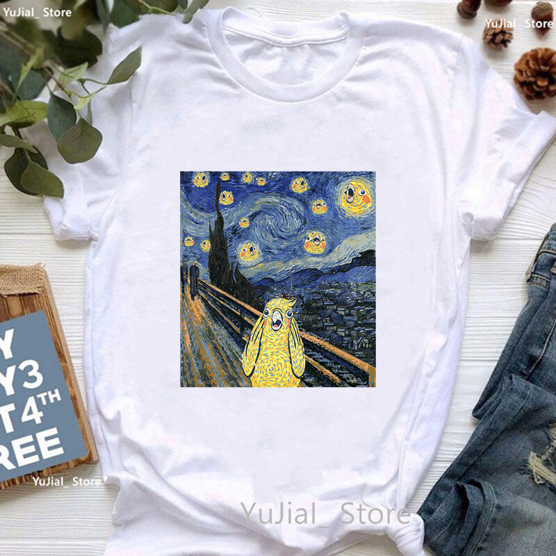 Calopsita feminina camiseta estampada em arte, camiseta engraçada do céu estrelado, roupa feminina legal, moda estética, verão