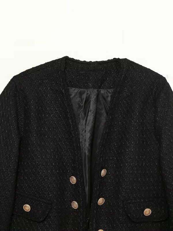 Women New Fashion Double Breasted decoration Cropped Textured Blazer Coat Vintage Long Sleeve Pockets Female Outerwear Chic