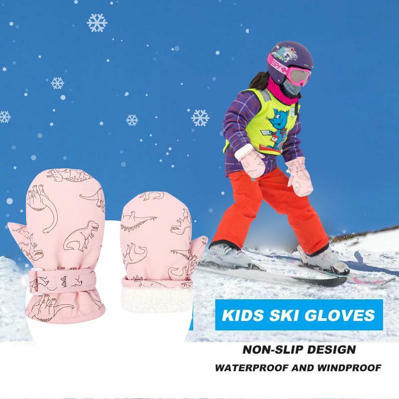 Kids Dinosaur Pattern Snow Mittens, Luvas impermeáveis de inverno, Luvas da criança
