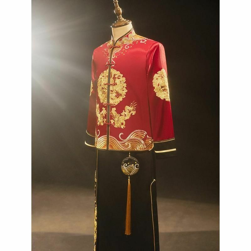 Yourqipao-Conjuntos de roupas do noivo chinês para homens, Xiuhe, jaqueta dragão e fênix, vestidos de casamento, casaco nupcial, tamanho grande, terno tang
