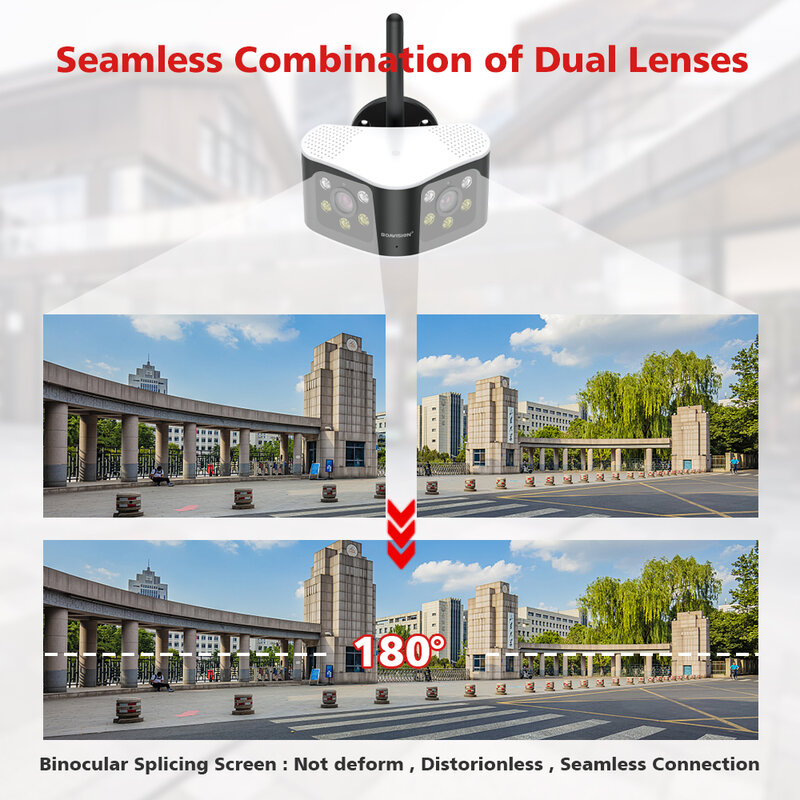 Kamera Keamanan Deteksi Manusia AI Kamera IP Tetap Lensa Ganda WIFI Panorama Sudut Pandang Ultra Lebar BOAVISION Luar Ruangan 4K 8MP 6MP 180 °