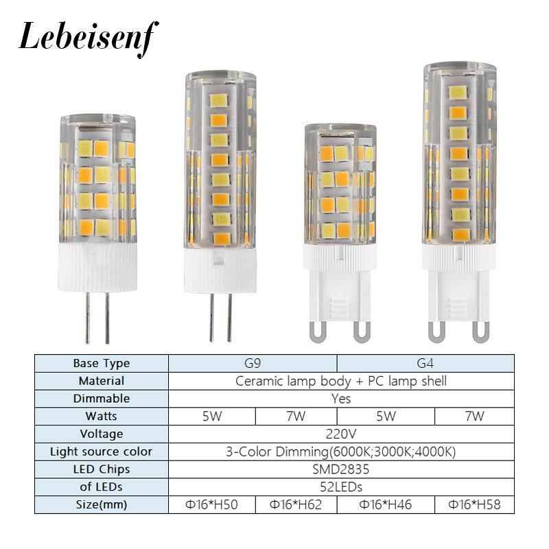 Bombillas de lámpara LED con Base G4/G9, 220V, 5W, 7W, luz de cerámica colgante, 3000K, 4000K, 6000K, Control de encendido/apagado, interruptor Tricolor, No necesita controlador
