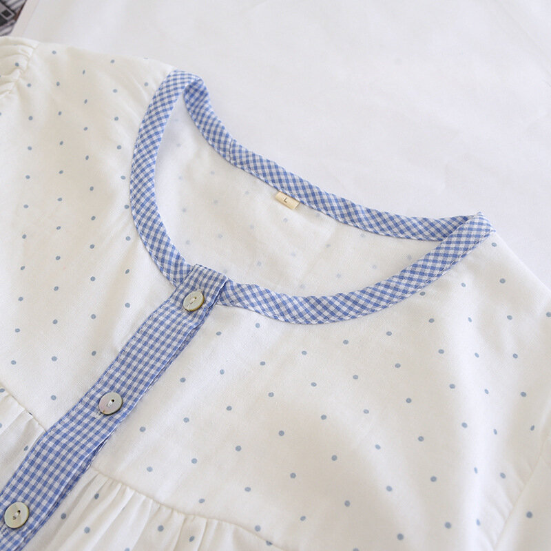 Short Sleeves Homewear Two Piece Set Sleepwear Summer Crew Neck Half Cardigan Shorts Pajamas Girl  Cotton Double Gauze Sleepwear