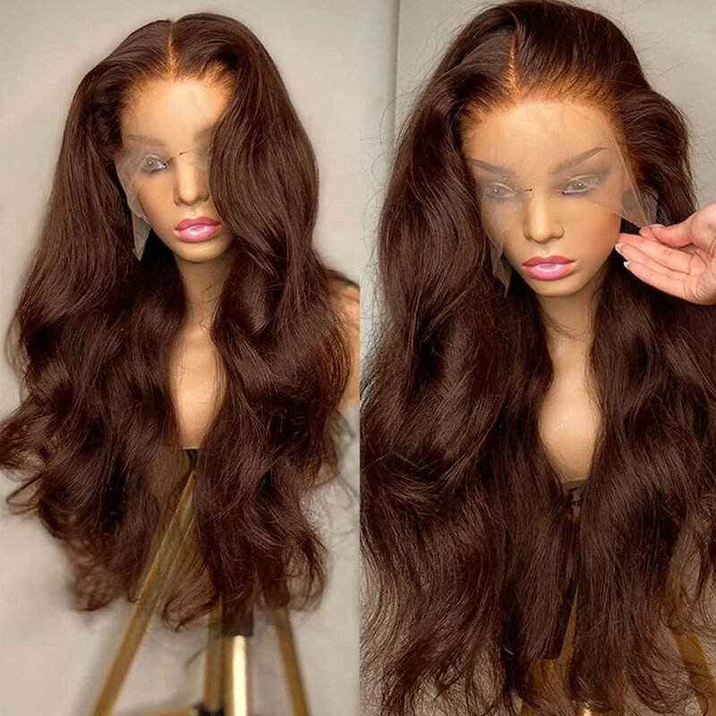Czekoladowy brąz HD 13x6 koronkowa fala ciała peruka Front brazylijski brązowy 13x6 HD przezroczysty peruki typu Lace Front dla damskie ludzkie włosy