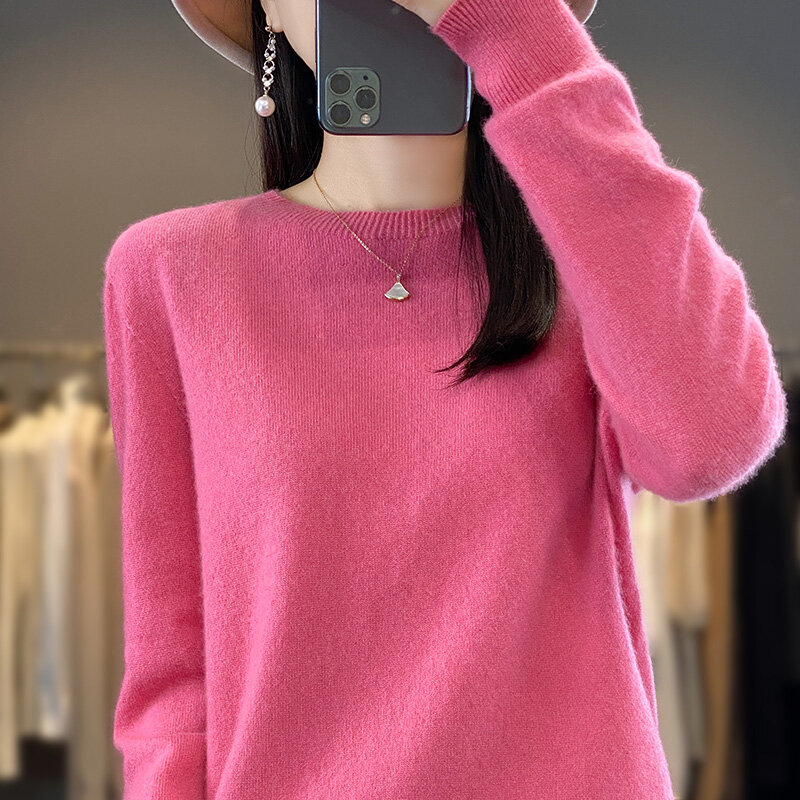 Winter Cashmere Sweater Women's Round Neck Pullover Long Sleeved 100% Wool Loose Knit Bottom Sweater Seamless Korean Version2023