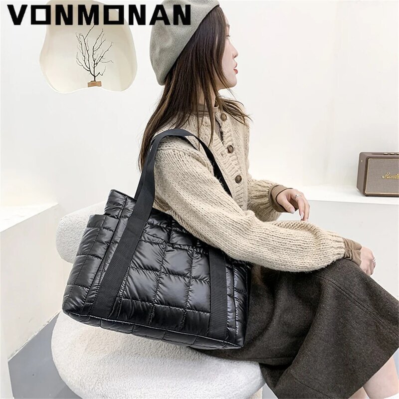 Inverno texturizado acolchoado mochila para as mulheres 2022 grandes totes xadrez ombro sacos de mão designer bolsas espaço algodão shopper sac