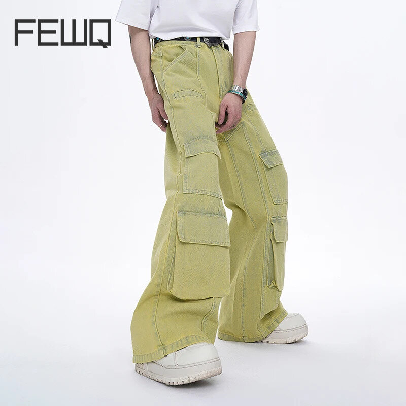 FEWQ High Street Men's Jeans Summer New Solid Color Loose Multi-pocket Cargo Pants Niche Design Men Vogue Personality 24X9096