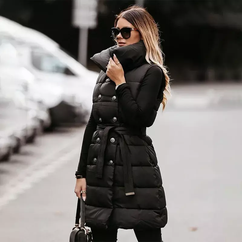 Winter warm unten Baumwolle gepolsterte Jacke schwarze Mäntel 2023 Frauen Weste weibliche ärmellose Jacken mit Knopf und Gürtel Outwear Mantel