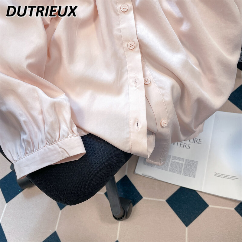 Wiosenne i jesienne damskie topy Retro bielizna elegancka bluzka drewniane kolczyki koszula z długimi rękawami jednolity kolor koszule na co dzień