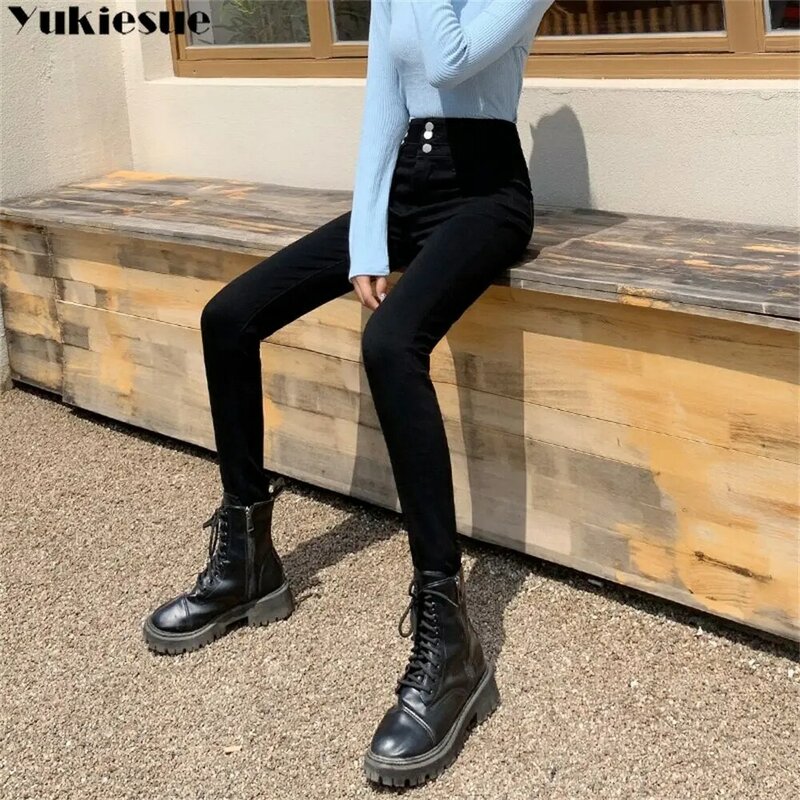 2022ฤดูหนาวเกาหลี Stytle แฟชั่น JeanWoman สูงเอวผอมชุดลำลองย้อนยุคกำมะหยี่กางเกงกางเกงกางเกงยีนส์ Streetwear
