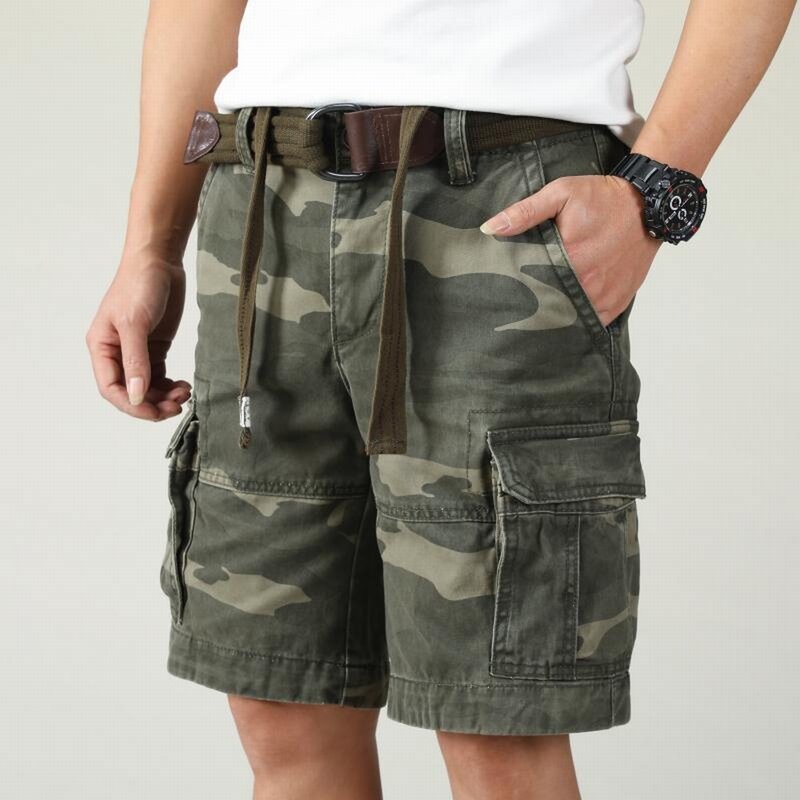 Summer 100% Cotton Retro Multiple Pockets Straight Camouflage Cargo Shorts For Men With Belt Amekaji Y2K Inaka Knee Length Pants