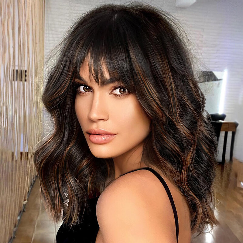Short Wavy Wig with Bangs for Women Ombre Brown Highlights Human Hair Wig Shoulder Length Bob Lace Front Wig Natural Looking