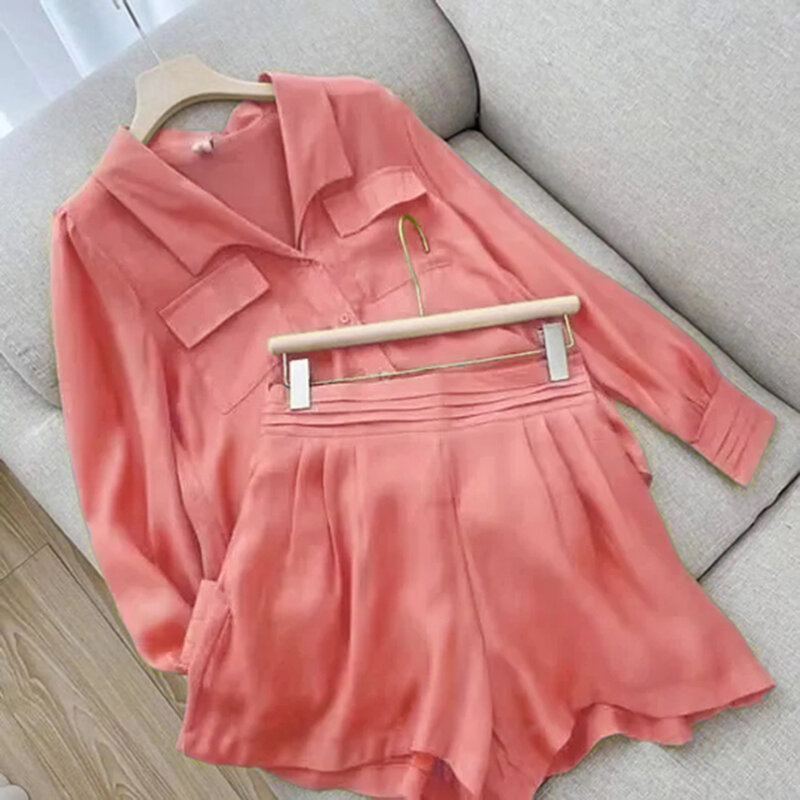 Thin Short Sets Shirts Two Piece Sets Loose Long Sleeve Casual Office Clothing Solid Color 2 Piece Summer Set Women Elegant