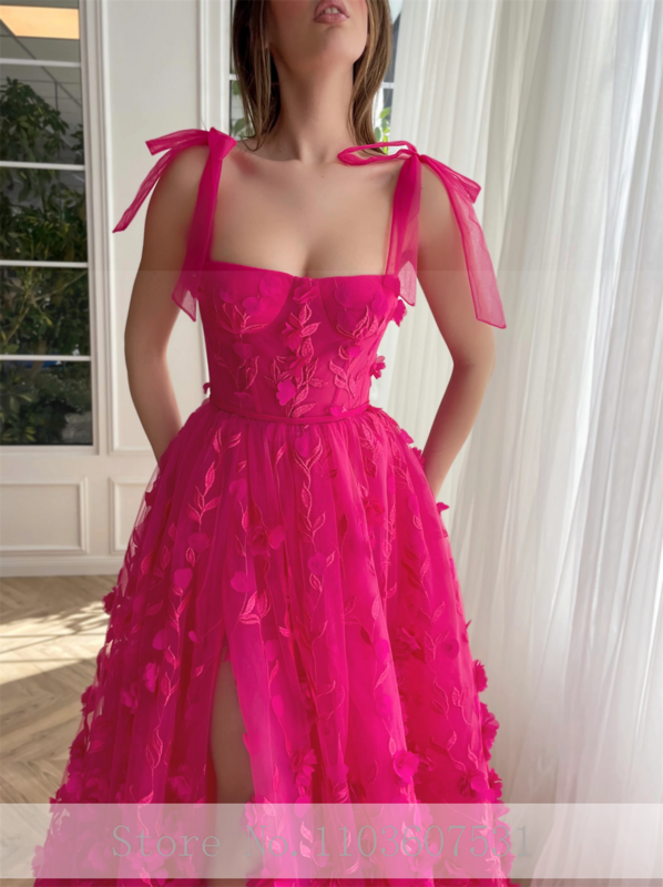 Lrosella elegancka aplikacja koronkowa tiulowa kwadratowy kołnierzyk paski spaghetti suknie balowe dla kobiet linia A formalna sukienka na okazję na zamówienie