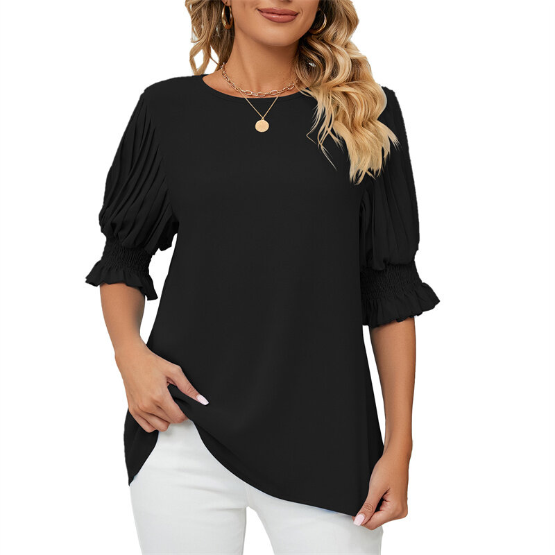 Chiffon Blouse Female Fashion Lotus Leaf Edge Princess Sleeve Loose Tops Summer Women's Solid Color Daily Commuter Casual Shirt