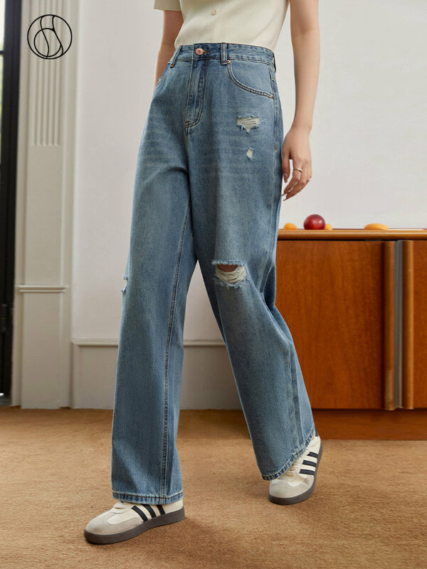 Celana Jeans Sobek Pudar Gaya Retro Lama DUSHU untuk Wanita Celana Panjang Lurus Longgar Jalan Raya Baru Musim Panas Jeans Sederhana untuk Wanita