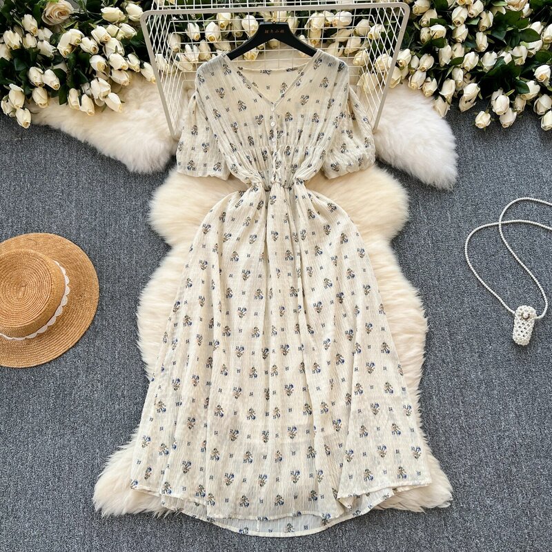 French Vintage Elegant Puff Short Sleeve Vneck Print  Dress Vacation Dress Women Fashion Summer Spring Vestidos
