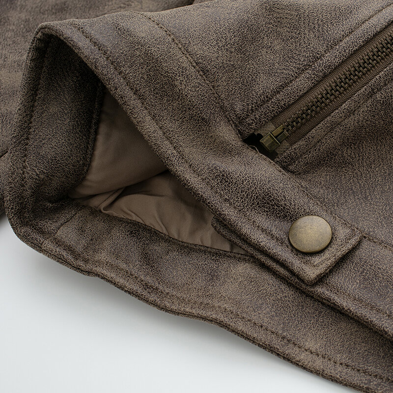 모조 스웨이드 가죽 보머 재킷 빈티지 브라운 코트 시크 지퍼 짧은 의상 여성 스트릿웨어