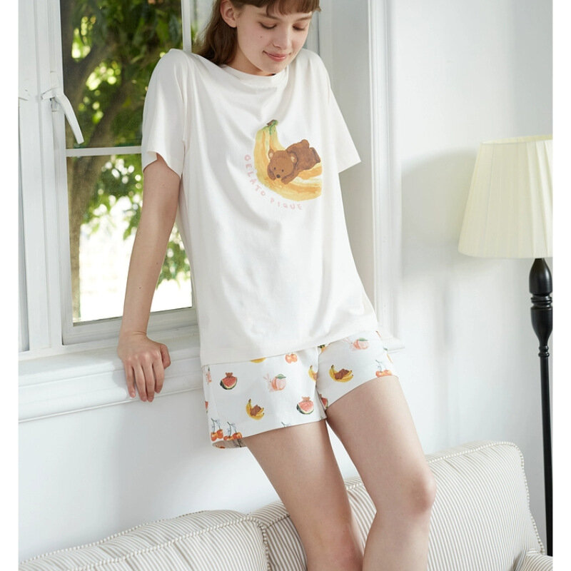Conjunto pijama modal feminino, camiseta e shorts, roupa do quarto verão