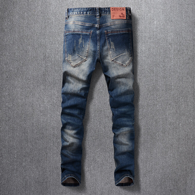Mode Streetwear Heren Jeans Retro Gewassen Blauw Elastische Slim Fit Gescheurde Jeans Heren Borduurwerk Designer Vintage Denim Broek Hombre