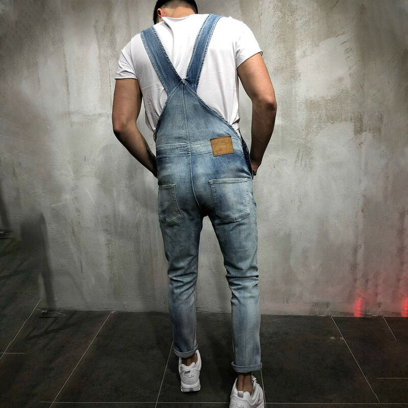 Uomo elegante Biker Denim salopette salopette tute Fashion Trend Fitting Streetwear Casual Ripped salopette Retro Strap Jeans