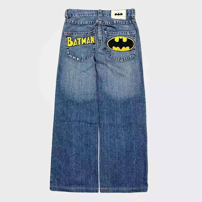 Harajuku Hip Hop Bat Pattern Embroidered Retro Blue Baggy Jeans Women Y2K Jeans High Waist Wide Leg Pants Men Women Streetwear