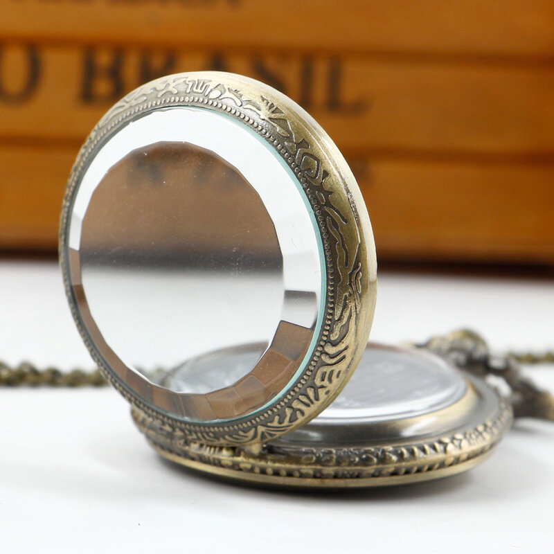 Acrylic Mirror Skull Quartz Pocket Watch steampunk Vintage Men Bronze Chain Watches Gift Clock reloj de bolsillo