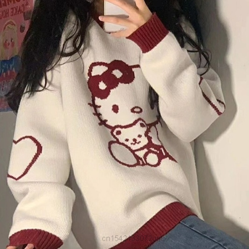 Sanrio Nữ Mặc Mùa Thu Hello Kitty Cổ Tròn Áo Thun Rời Màu Áo Len Hàng Đầu Hàn Quốc Áo Len Nữ Thời Trang Dài Tay Áo Len