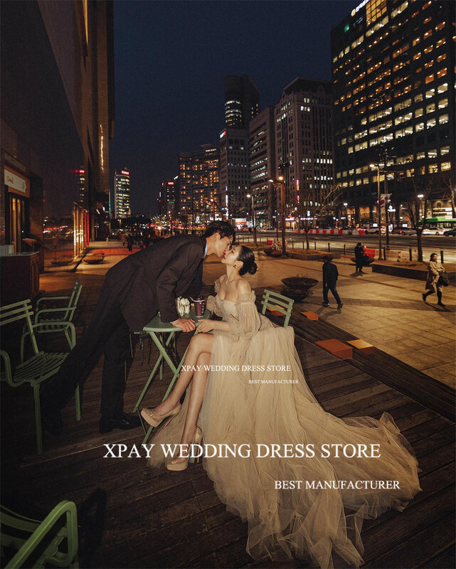 XPAY Strapless Champagne A Line Korea Wedding Dresses Long Puff Sleeve Bridal Gown Photo Shoot Backless High Split Bride Dress