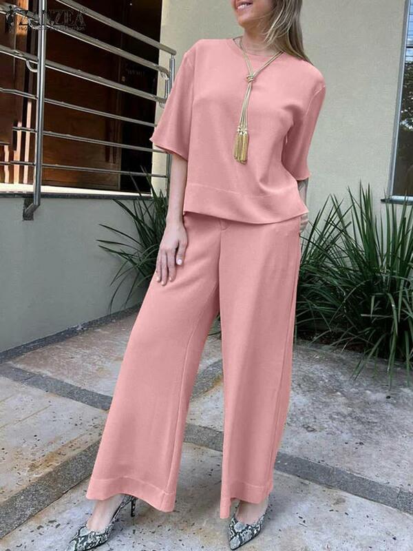ZANZEA-Blusa de media manga para mujer, conjunto de pantalones de pierna ancha, chándal de 2 piezas, trajes de trabajo informales de verano