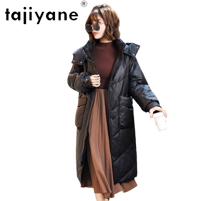Tajiyane-معطف طويل من جلد الغنم الأصلي للنساء ، جاكيت من الجلد الحقيقي ، باركا غير رسمية بغطاء رأس ، معطف لفصل الشتاء ،