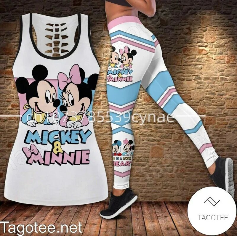 Disney Mickey Minnie Women's Hollow Vest + Women's Leggings Yoga Suit Fitness Leggings Sports Suit Tank Top Legging Set Outfit