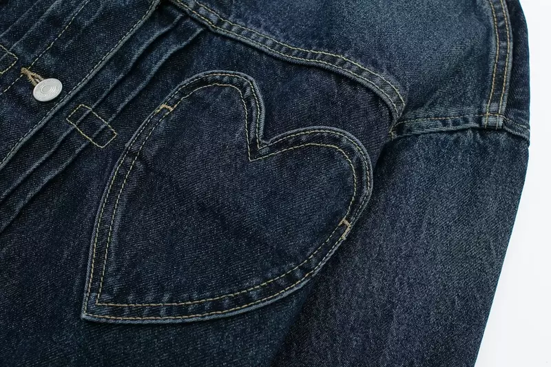 سترة جينز نسائية قصيرة مع مشبك على شكل قلب ، جاكيت قصير ، ديكور جيب ، أكمام طويلة ، توب أنيق ، موضة عتيقة ، جديدة