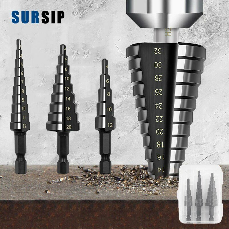 3PCS/set Hss Step Drill Bit Set Cone Hole Cutter Taper Metric Titanium Coated Flute Pagoda Metal Wood Hex Conical Core Drill